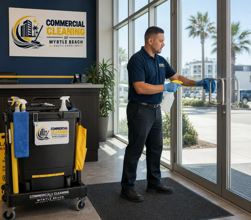 Commercial cleaner disinfecting high-touch points in a Myrtle Beach office lobby