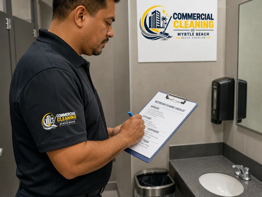 Cleaner completing a documented checklist in a commercial restroom