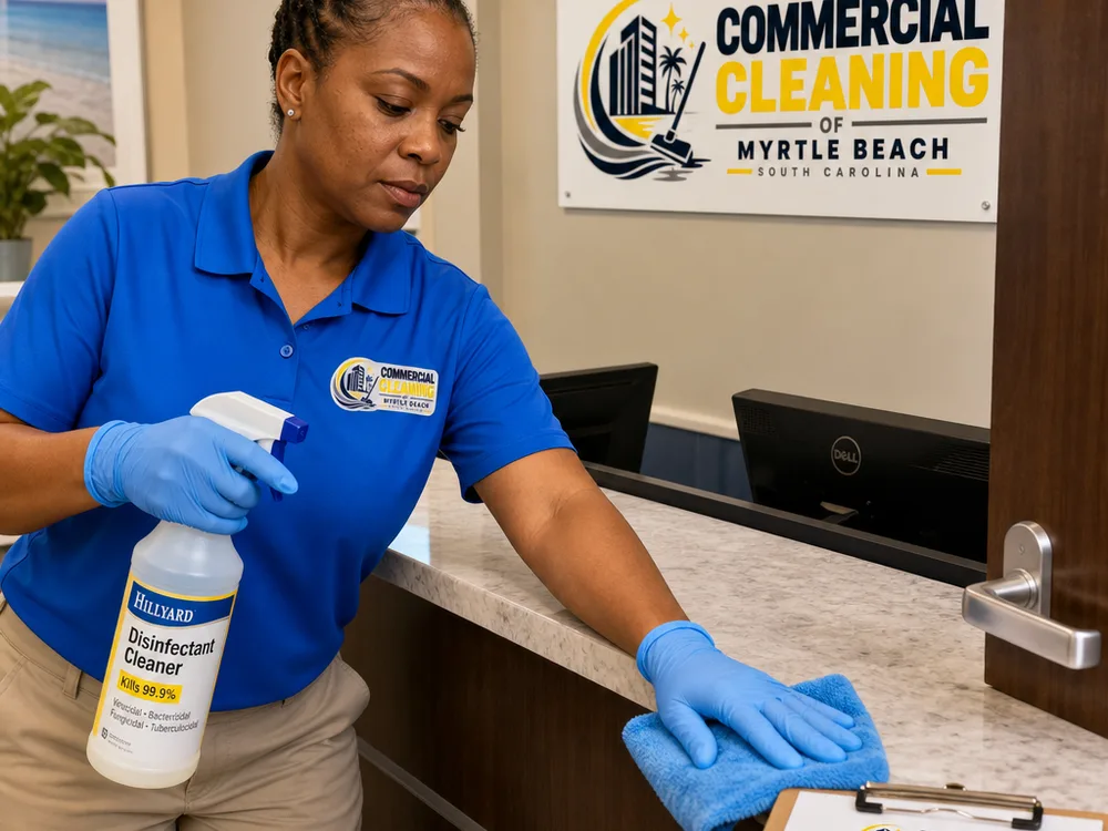 Cleaner disinfecting a reception counter and door hardware beside a printed commercial cleaning checklist