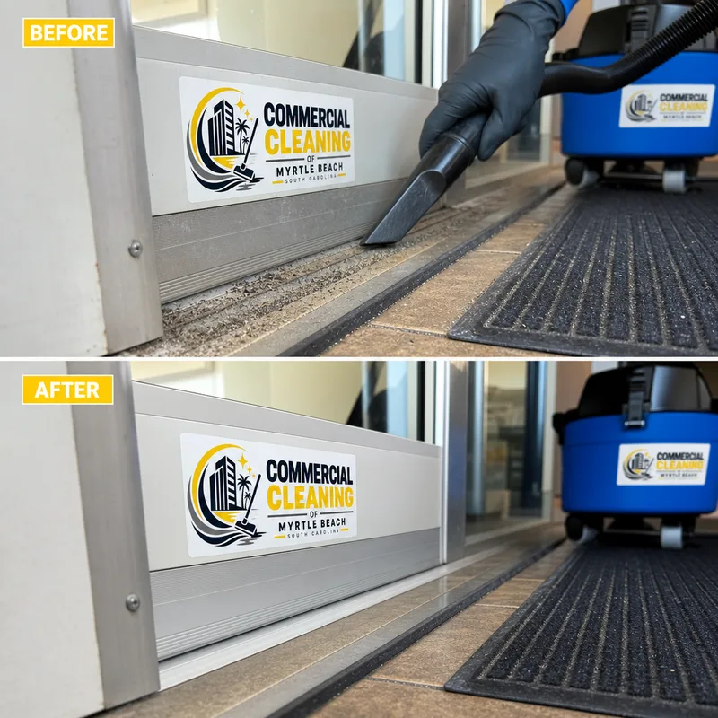 Commercial entryway floor detail work removing sand and grit at thresholds and mat transitions
