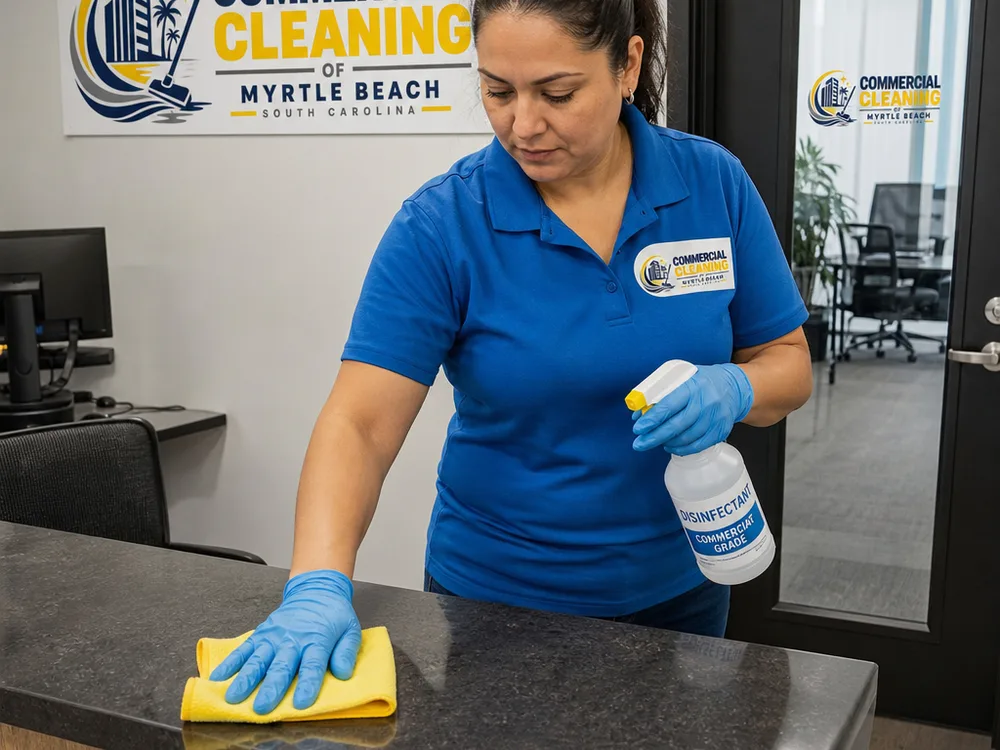 Commercial cleaning technician disinfecting a reception counter and high-touch office door handles