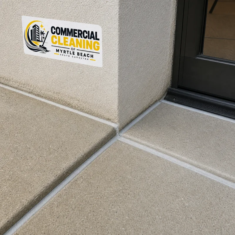 Clean concrete joints and doorway corners after dark organic growth was removed