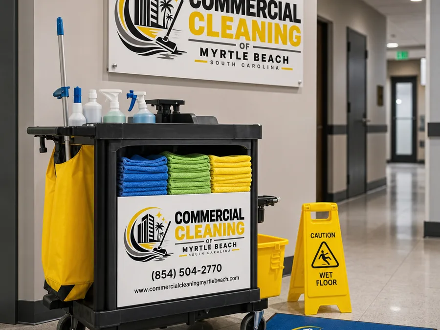 Commercial cleaning technician disinfecting restroom fixtures and touchpoints using a posted checklist